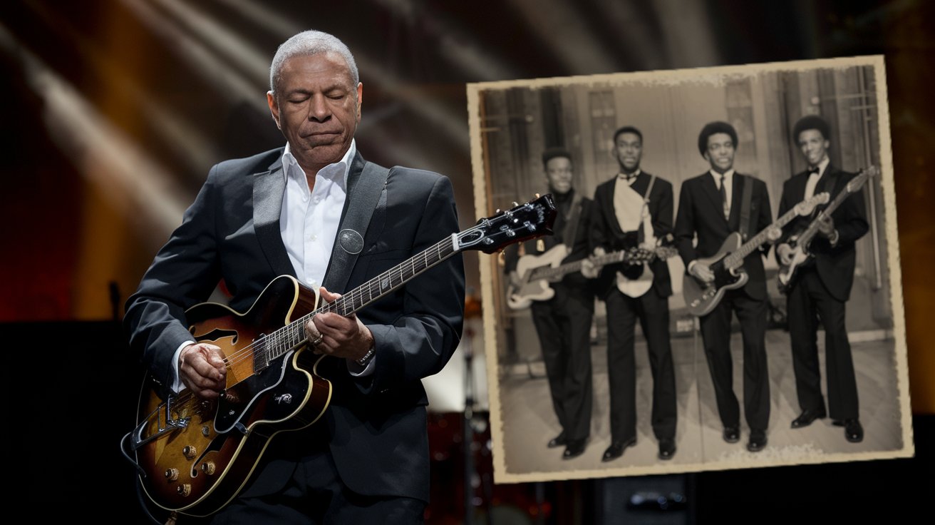 A reflective image of Tito Jackson playing the guitar on stage, with soft lighting highlighting his quiet presence. In the background, an old black-and-white photograph of the Jackson 5 appears faintly, symbolizing his lasting connection to his family’s musical roots. The mood is somber yet nostalgic, celebrating Tito’s subtle but powerful influence.