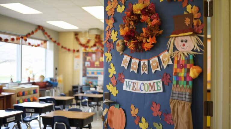 A cozy classroom door decorated for fall, featuring colorful leaves, pumpkins, and cheerful fall-themed crafts. The door should have a welcoming vibe, with elements like a scarecrow, banners saying 'Welcome,' and a beautiful autumn wreath