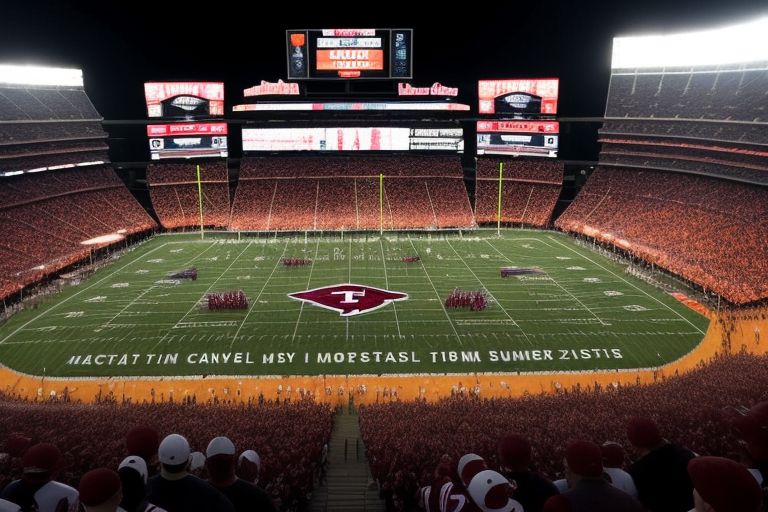 A high-energy football game scene featuring players from both Tennessee and Alabama mid-action, with fans cheering in the stands and a scoreboard showing a close score, capturing the intensity of a fierce college football rivalry.