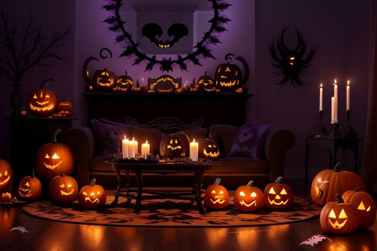 A beautifully decorated Halloween living room featuring elegant black and purple decor, carved pumpkins as centerpieces, dim lighting with flickering candles, and spooky touches like paper bats and ghostly garlands.